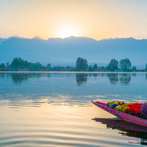 Dal Lake in Srinagar, surrounded by houseboats and shikaras with mountains in the backdrop.